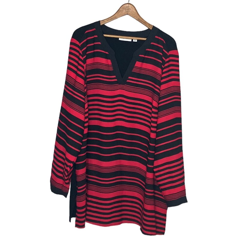 Susan Graver Size 1X Red Black Striped Chiffon Front Knit‎ Back V-Neck Top Plus